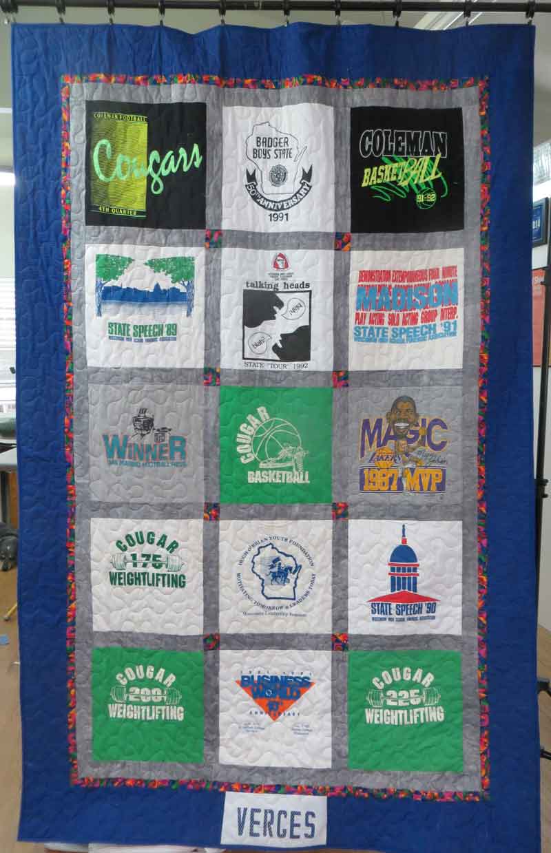 Graduation Quilt. Name from t-shirt appliqued to bottom border.