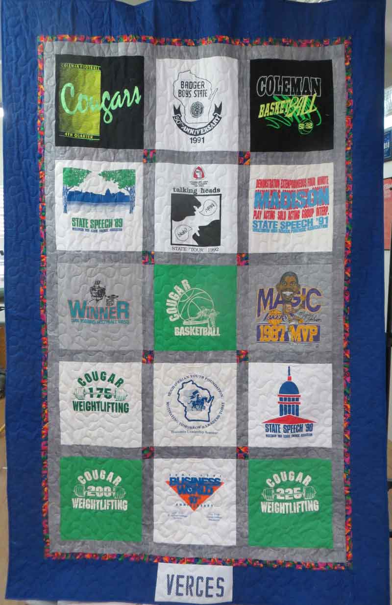 15 block graduation quilt.  Perfect for dorm room.