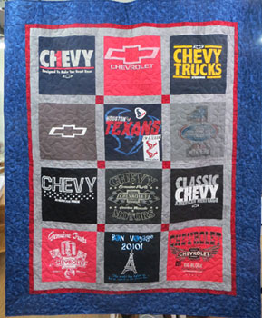 Quilt made from Chevy and Chevrolet tshirts