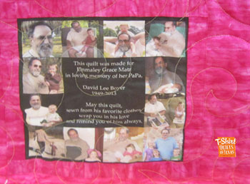 Photos and sentiment printed on tshirt.  Added as a label to the back of a memory quilt